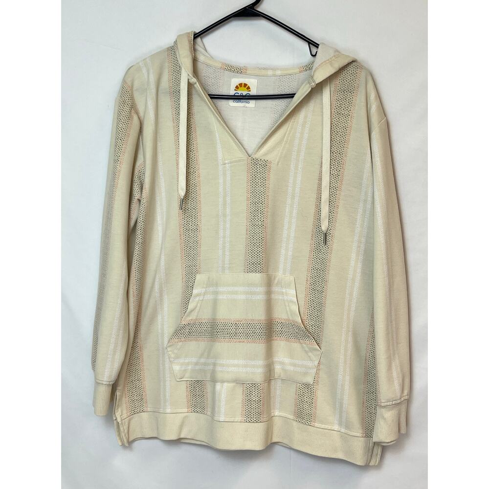 C&C California Women's Size Large Cream Striped Long Sleeve Pullover Hoodie